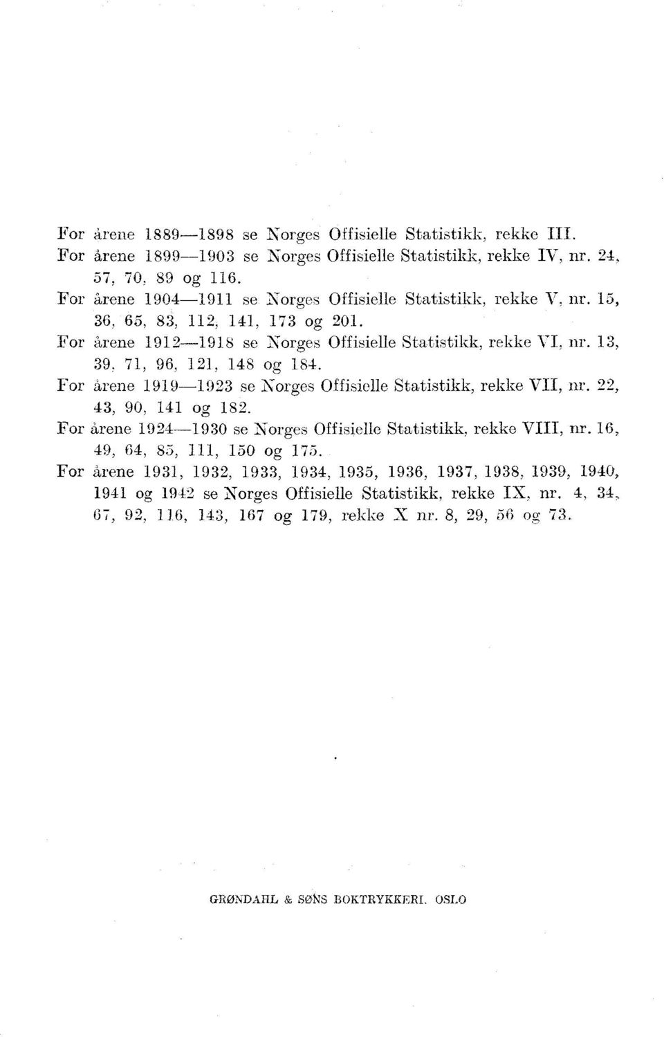 For arene 99-9 se Norges Offisielle Statistikk, rekke VII, nr.,, 9. og 8. For årene 9-9 se Norges Offisielle Statistikk, rekke VIII, nr. 6, 9, 6, 8,, og 7.