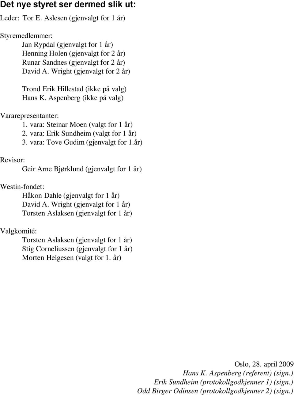 Wright (gjenvalgt for 2 år) Trond Erik Hillestad (ikke på valg) Hans K. Aspenberg (ikke på valg) Vararepresentanter: 1. vara: Steinar Moen (valgt for 1 år) 2. vara: Erik Sundheim (valgt for 1 år) 3.
