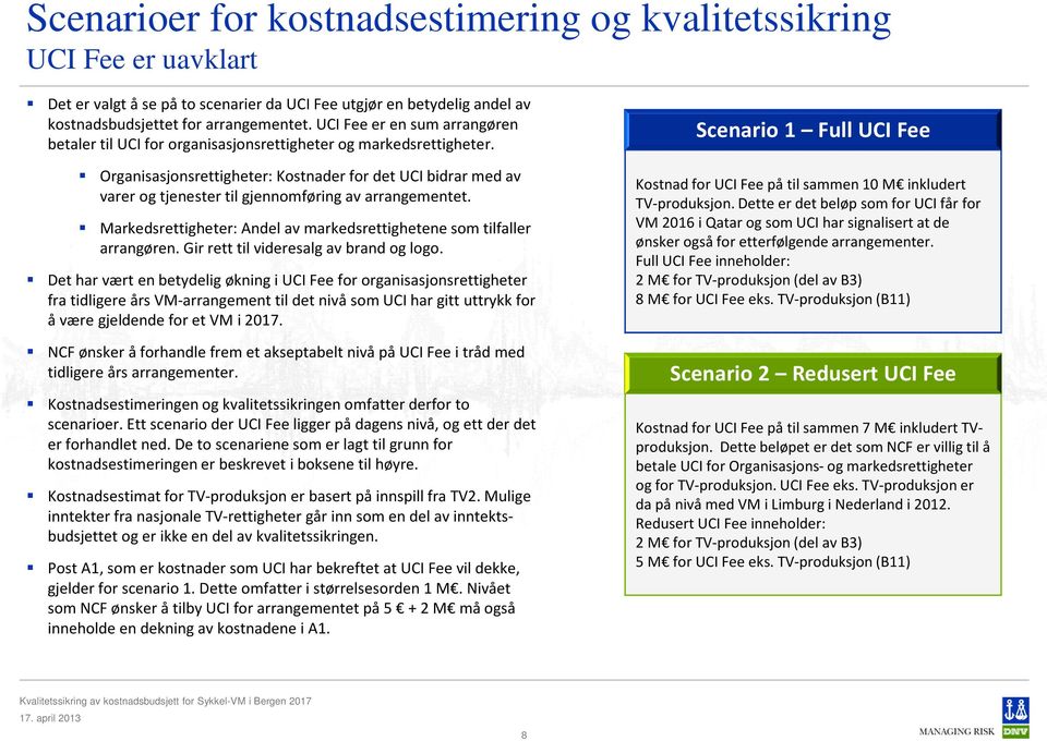 Organisasjonsrettigheter: Kostnader for det UCI bidrar med av varer og tjenester til gjennomføring av arrangementet. Markedsrettigheter: Andel av markedsrettighetene som tilfaller arrangøren.