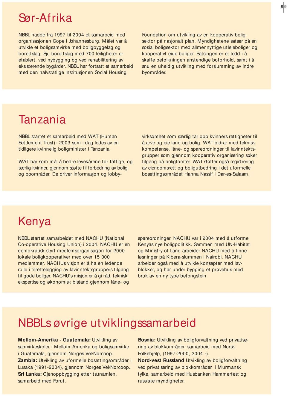 NBBL har fortsatt et samarbeid med den halvstatlige institusjonen Social Housing Foundation om utvikling av en kooperativ boligsektor på nasjonalt plan.