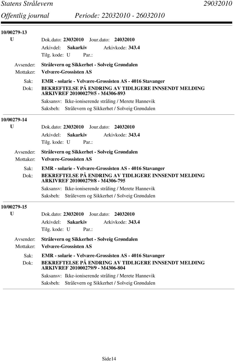 Stavanger BEKREFTELSE PÅ ENDRING AV TIDLIGERE INNSENDT MELDING ARKIVREF 201000279/8 - M4306-795 10/00279-15 Velvære-Grossisten AS