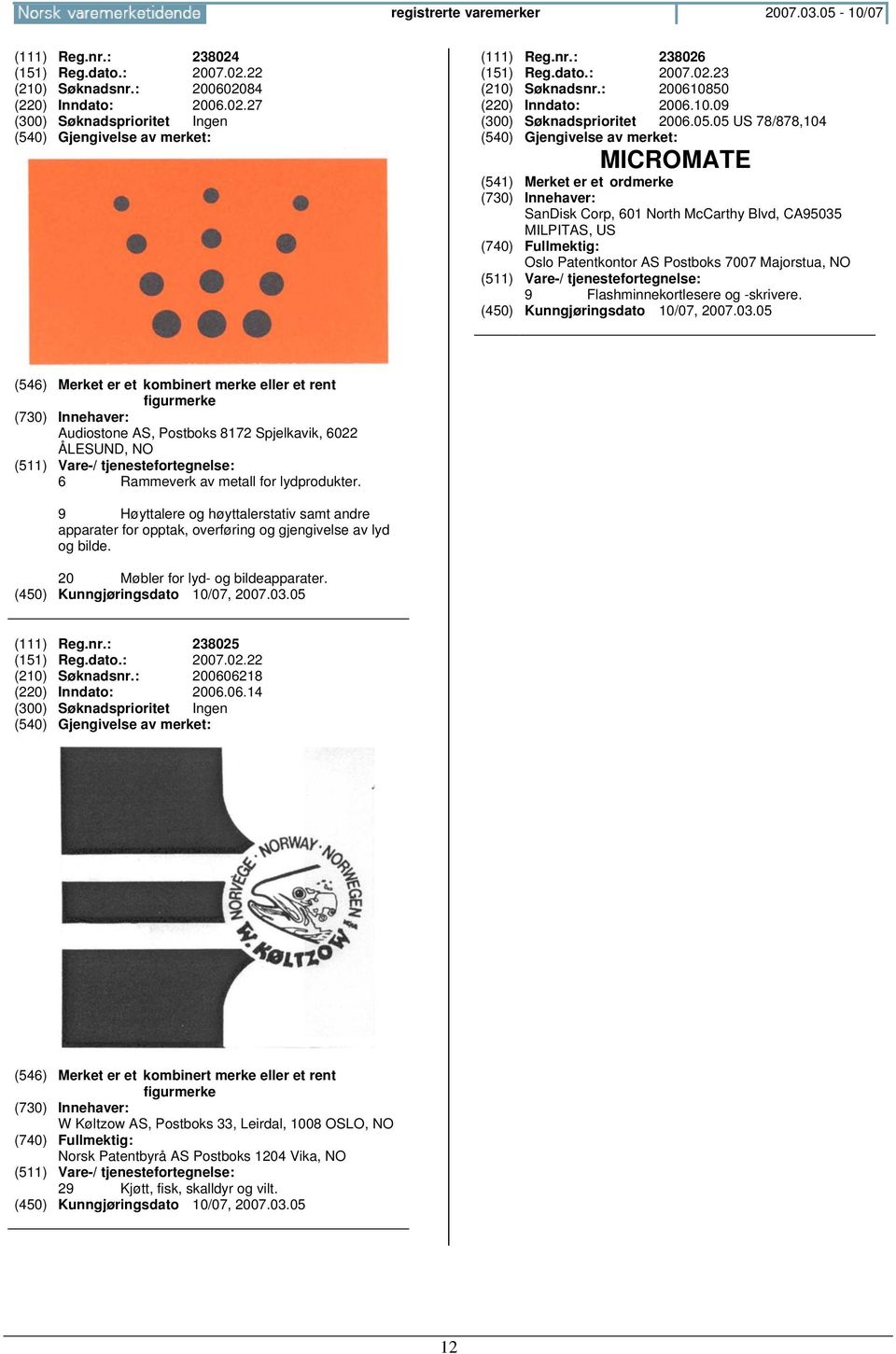 05 US 78/878,104 MICROMATE SanDisk Corp, 601 North McCarthy Blvd, CA95035 MILPITAS, US Oslo Patentkontor AS Postboks 7007 Majorstua, NO 9 Flashminnekortlesere og -skrivere.