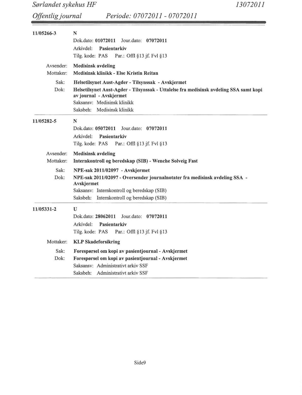 - Saksansv: Medisinsk klinikk Saksbeh: Medisinsk klinikk 11/05282-5 N Dok.dato: 05072011 Jour.dato: 07072011 Tilg. kode: PAS Par.: Offl 13 jf.