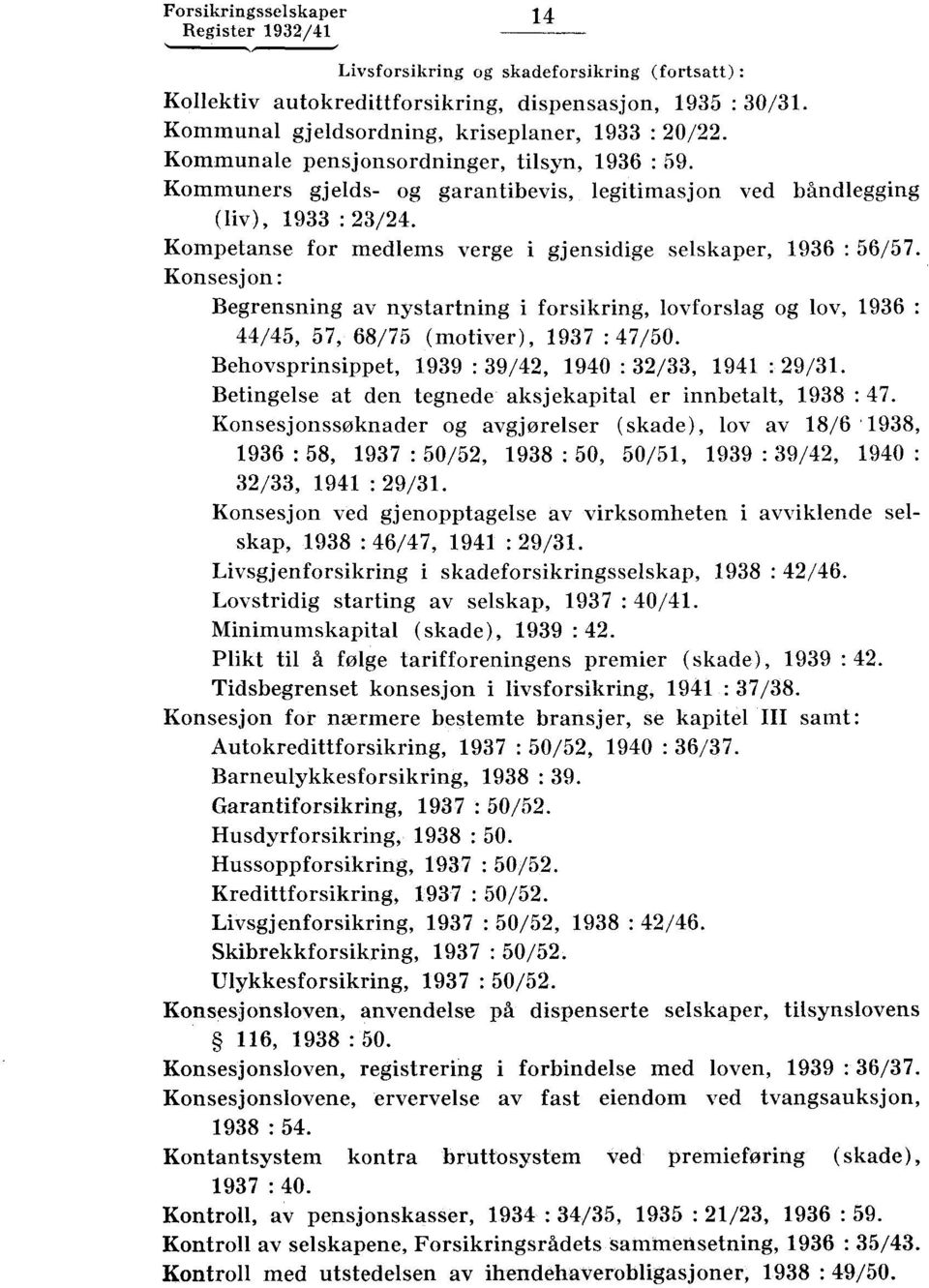 Konsesjon: Begrensning av nystartning i forsikring, lovforslag og lov, 1936 44/45, 57, 68/75 (motiver), 1937 :47/50. Behovsprinsippet, 1939 : 39/42, 1940 : 32/33, 1941 : 29/31.