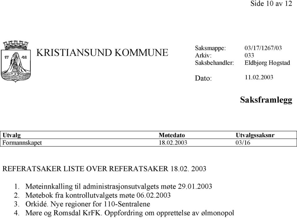 2003 03/16 REFERATSAKER LISTE OVER REFERATSAKER 18.02. 2003 1. Møteinnkalling til administrasjonsutvalgets møte 29.