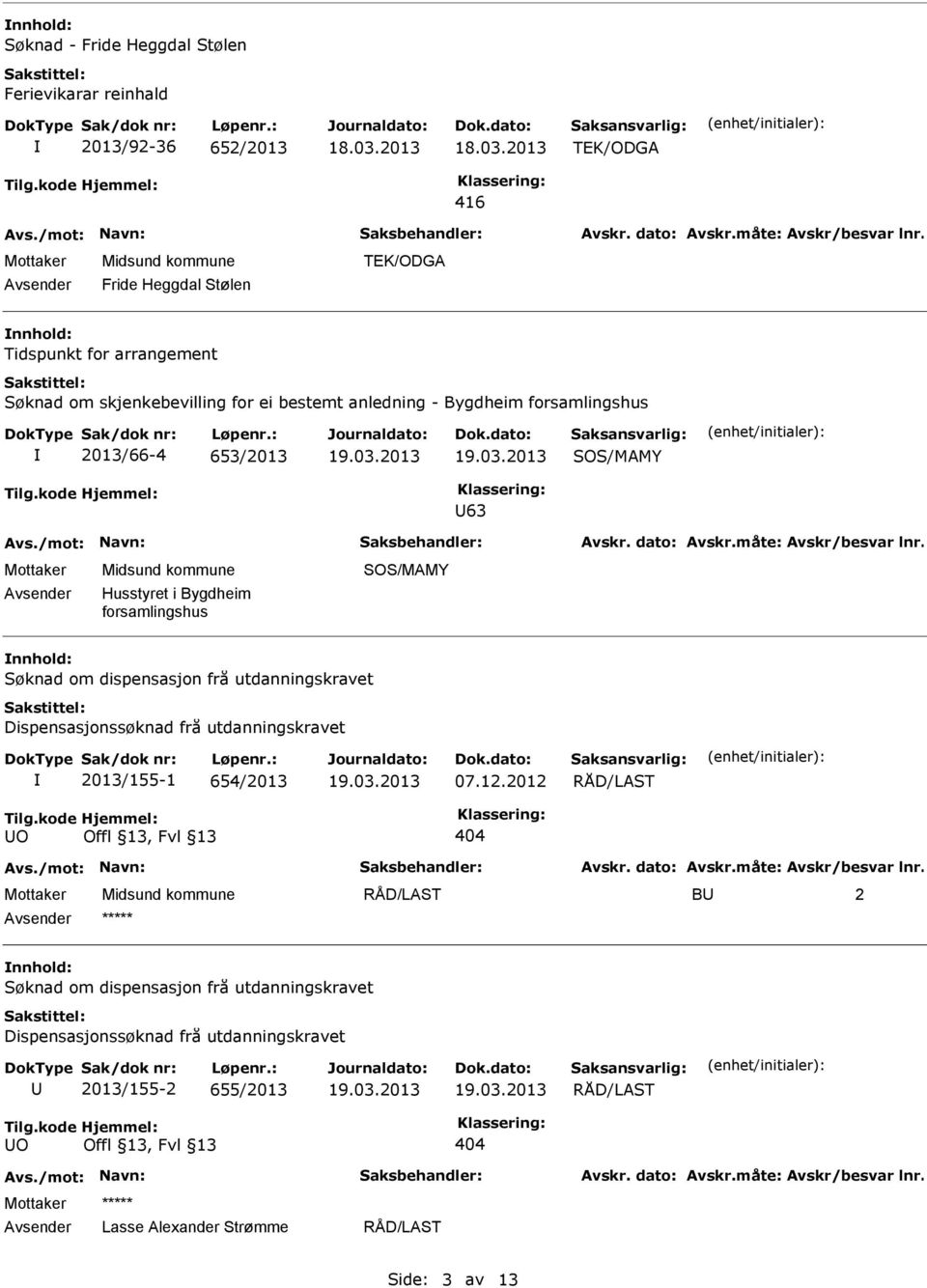 forsamlingshus SOS/MAMY Søknad om dispensasjon frå utdanningskravet Dispensasjonssøknad frå utdanningskravet 2013/155-1 654/2013 07.12.