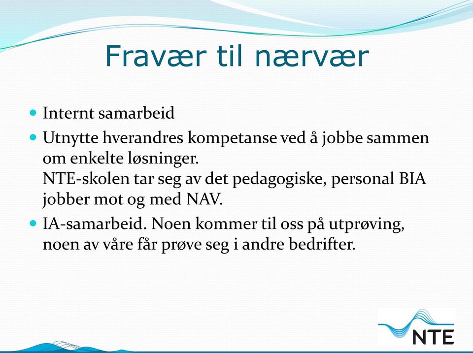 NTE-skolen tar seg av det pedagogiske, personal BIA jobber mot