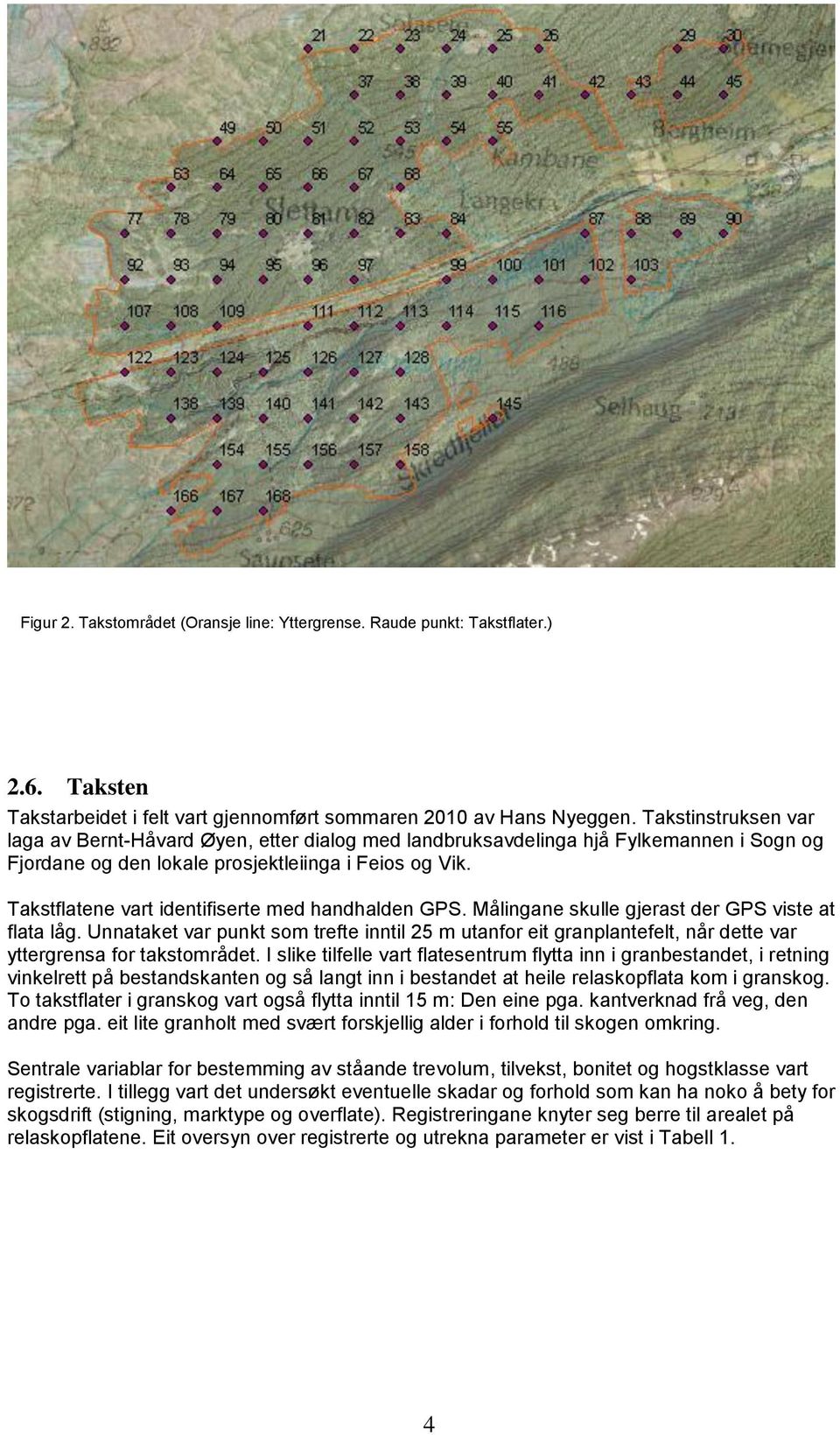 Takstflatene vart identifiserte med handhalden GPS. Målingane skulle gjerast der GPS viste at flata låg.