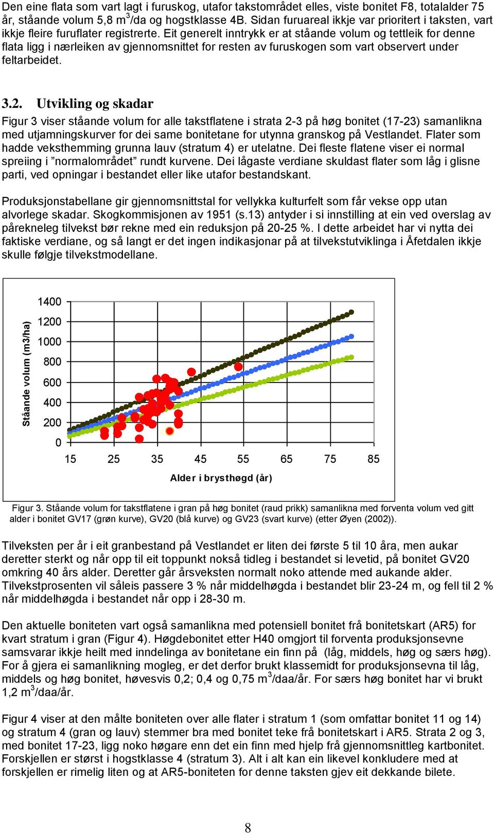 Eit generelt inntrykk er at ståande volum og tettleik for denne flata ligg i nærleiken av gjennomsnittet for resten av furuskogen som vart observert under feltarbeidet. 3.2.