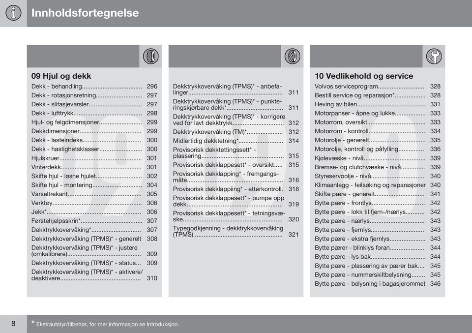 .. 306 Jekk*... 306 Førstehjelpsskrin*... 307 Dekktrykkovervåking*... 307 Dekktrykkovervåking (TPMS)* - generelt 308 Dekktrykkovervåking (TPMS)* - justere (omkalibrere).