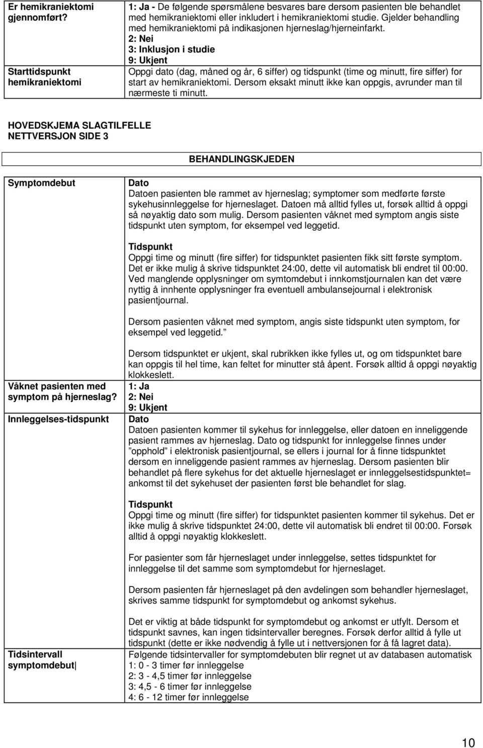 3: Inklusjon i studie Oppgi dato (dag, måned og år, 6 siffer) og tidspunkt (time og minutt, fire siffer) for start av hemikraniektomi.