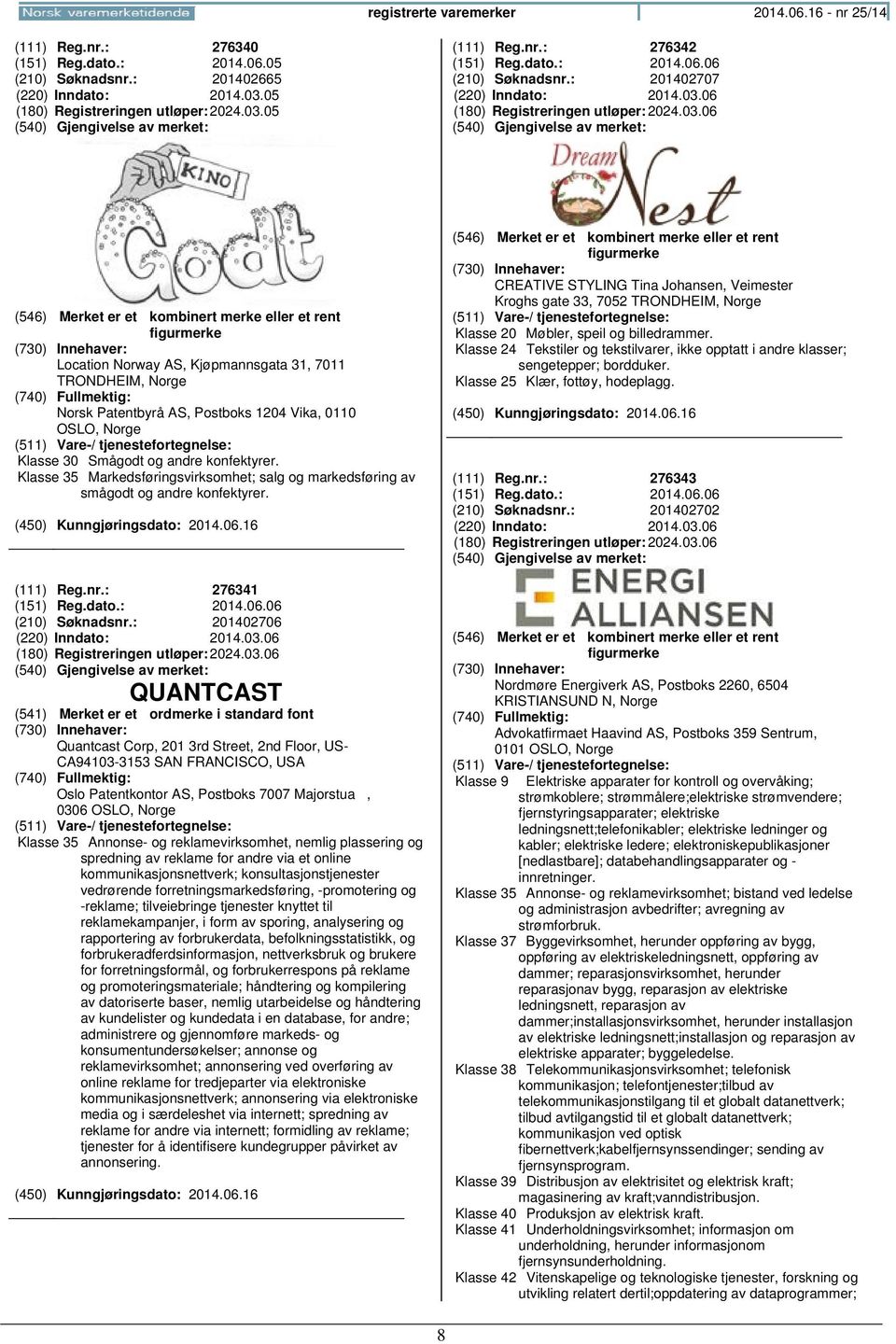 06 (180) Registreringen 2024.03.06 Location Norway AS, Kjøpmannsgata 31, 7011 TRONDHEIM, Norsk Patentbyrå AS, Postboks 1204 Vika, 0110 OSLO, Klasse 30 Smågodt og andre konfektyrer.