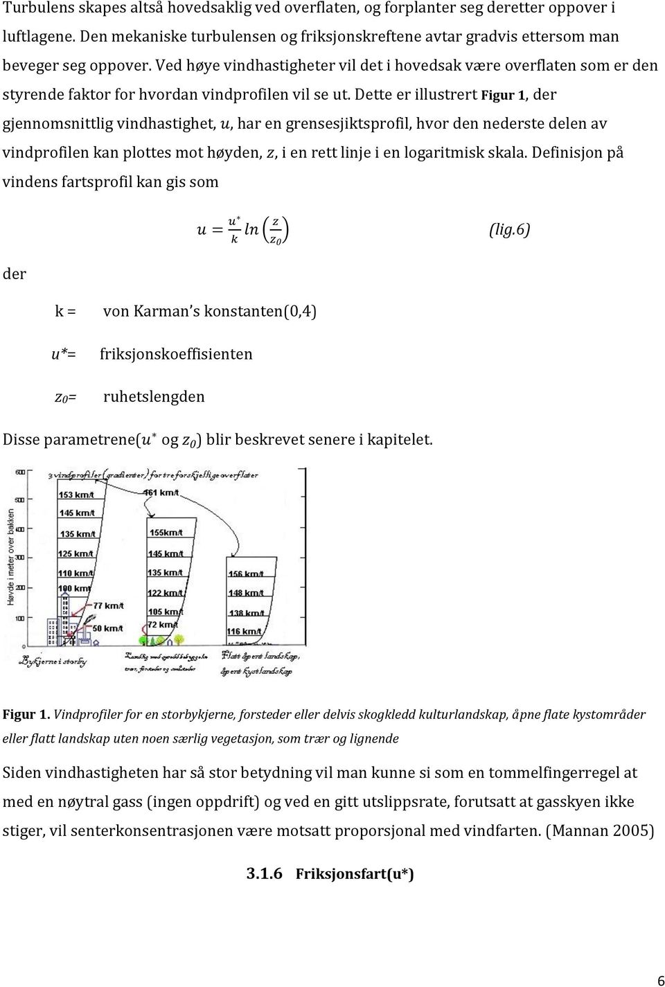 Dette er illustrert Figur 1, der gjennomsnittlig vindhastighet, har en grensesjiktsprofil, hvor den nederste delen av vindprofilen kan plottes mot høyden,, i en rett linje i en logaritmisk skala.