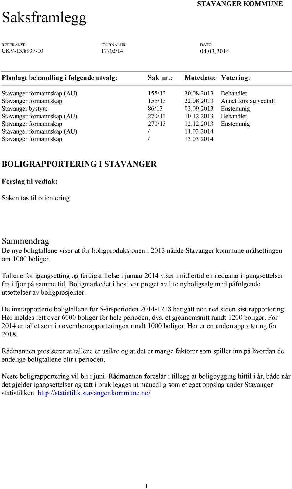 2013 Behandlet Stavanger formannskap 270/13 12.12.2013 Enstemmig Stavanger formannskap (AU) / 11.03.
