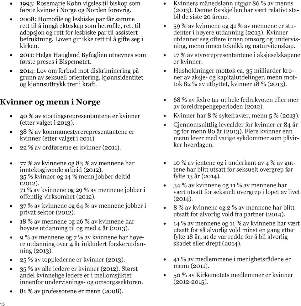 2011: Helga Haugland Byfuglien utnevnes som første preses i Bispemøtet. 2014: Lov om forbud mot diskriminering på grunn av seksuell orientering, kjønnsidentitet og kjønnsuttrykk trer i kraft.