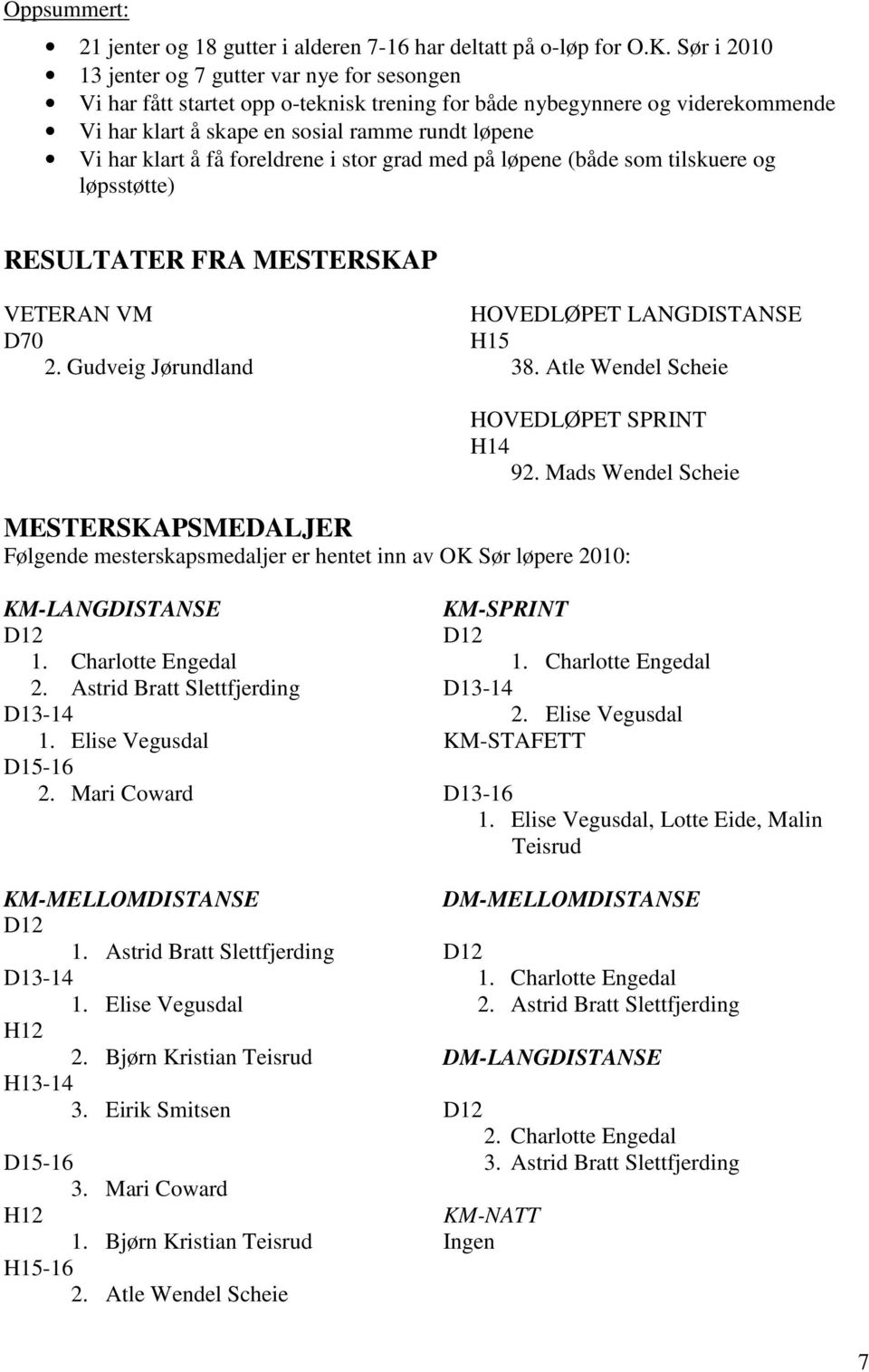 få foreldrene i stor grad med på løpene (både som tilskuere og løpsstøtte) RESULTATER FRA MESTERSKAP VETERAN VM D70 2. Gudveig Jørundland HOVEDLØPET LANGDISTANSE H15 38.