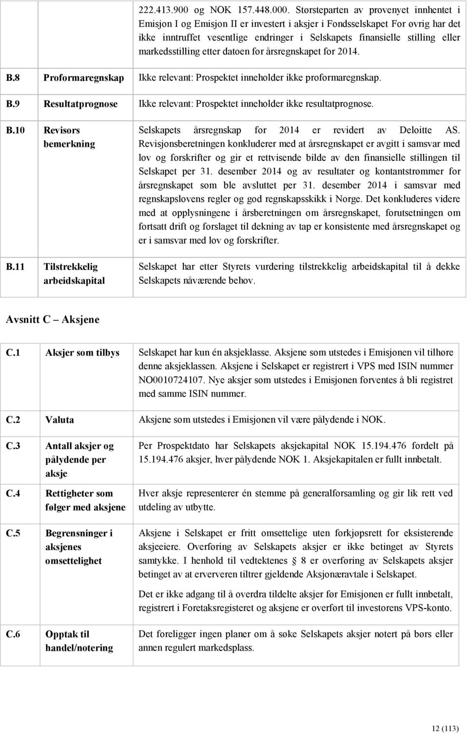 markedsstilling etter datoen for årsregnskapet for 2014. B.8 Proformaregnskap Ikke relevant: Prospektet inneholder ikke proformaregnskap. B.9 Resultatprognose Ikke relevant: Prospektet inneholder ikke resultatprognose.