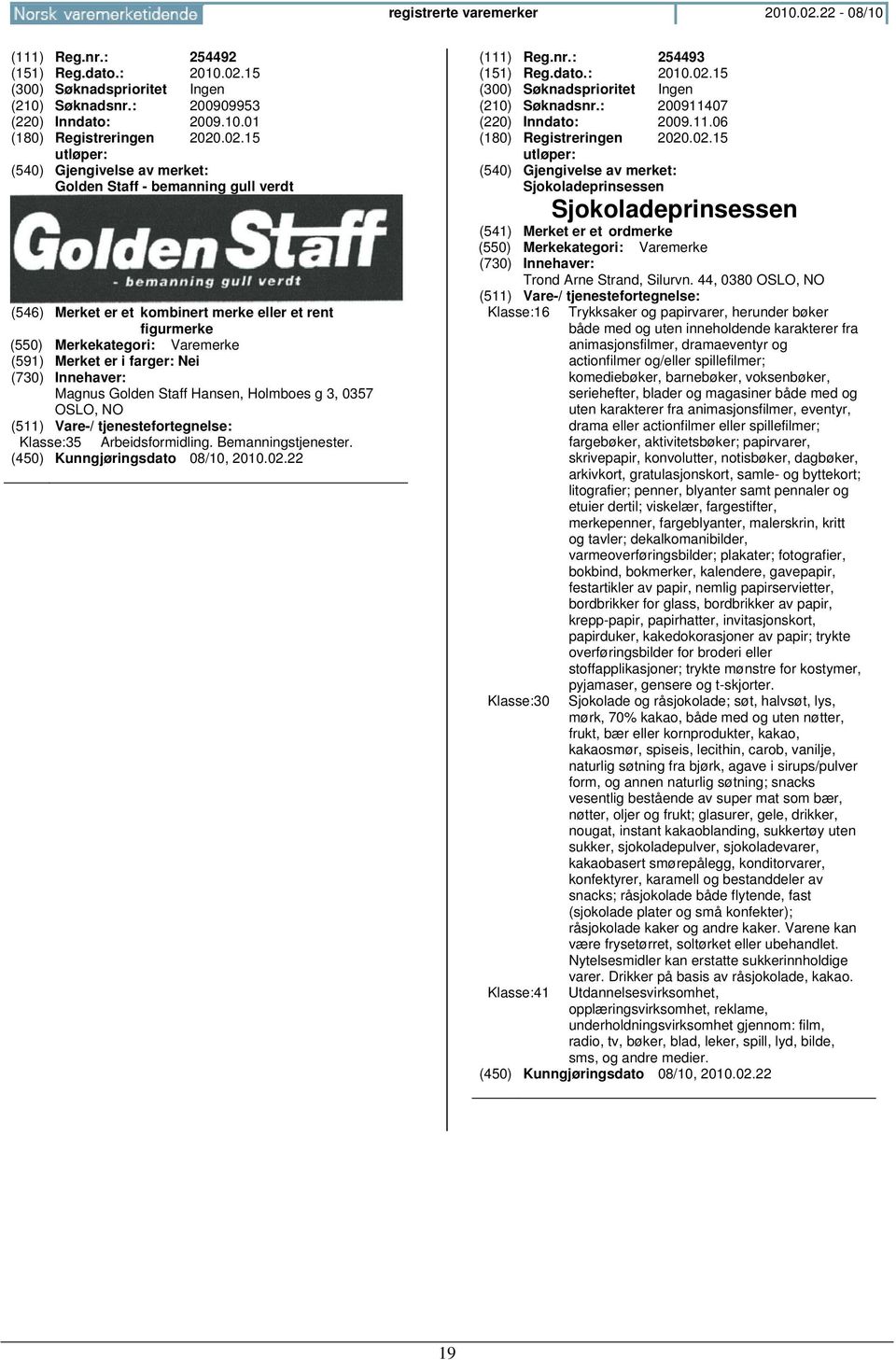 Arbeidsformidling. Bemanningstjenester. (111) Reg.nr.: 254493 (151) Reg.dato.: 2010.02.15 (300) Søknadsprioritet Ingen (210) Søknadsnr.: 200911407 (220) Inndato: 2009.11.06 (180) Registreringen 2020.