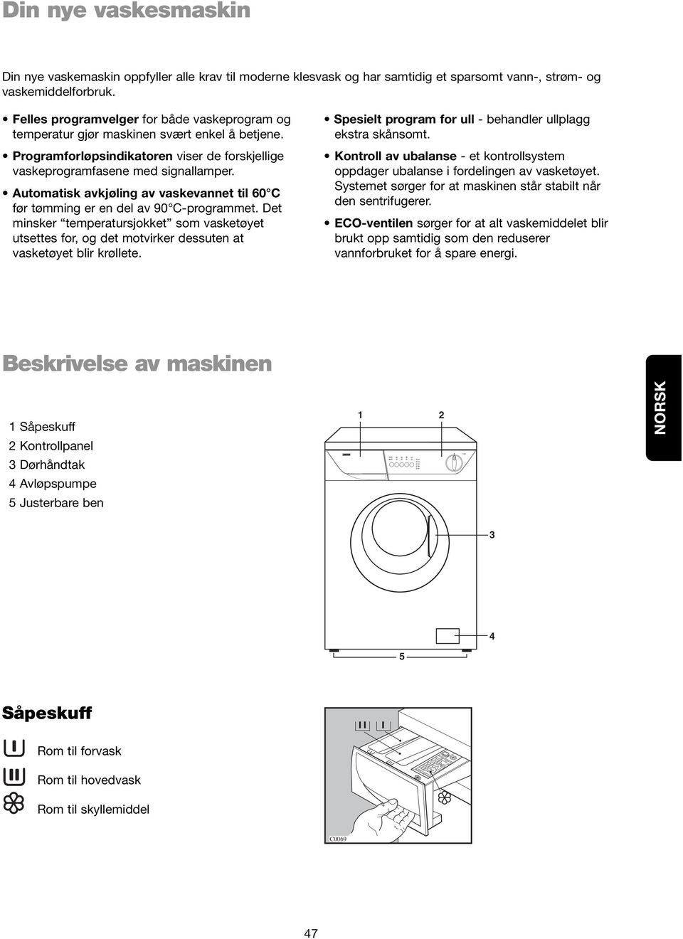 Automatisk avkjøling av vaskevannet til 60 C før tømming er en del av 90 C-programmet. Det minsker temperatursjokket som vasketøyet utsettes for, og det motvirker dessuten at vasketøyet blir krøllete.