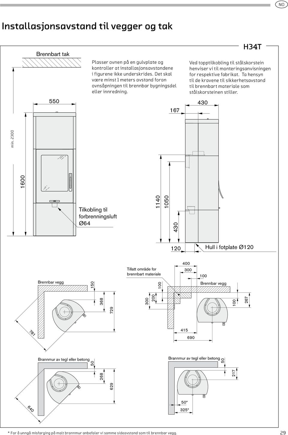 167 430 H34T Ved topptilkobling til stålskorstein henviser vi til monteringsanvisningen for respektive fabrikat.