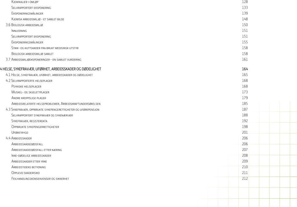 7 Arbeidsmiljøeksponeringer - en samlet vurdering 161 4 HELSE, SYKEFRAVÆR, UFØRHET, ARBEIDSSKADER OG DØDELIGHET 164 4.1 Helse, sykefravær, uførhet, arbeidsskader og dødelighet 165 4.