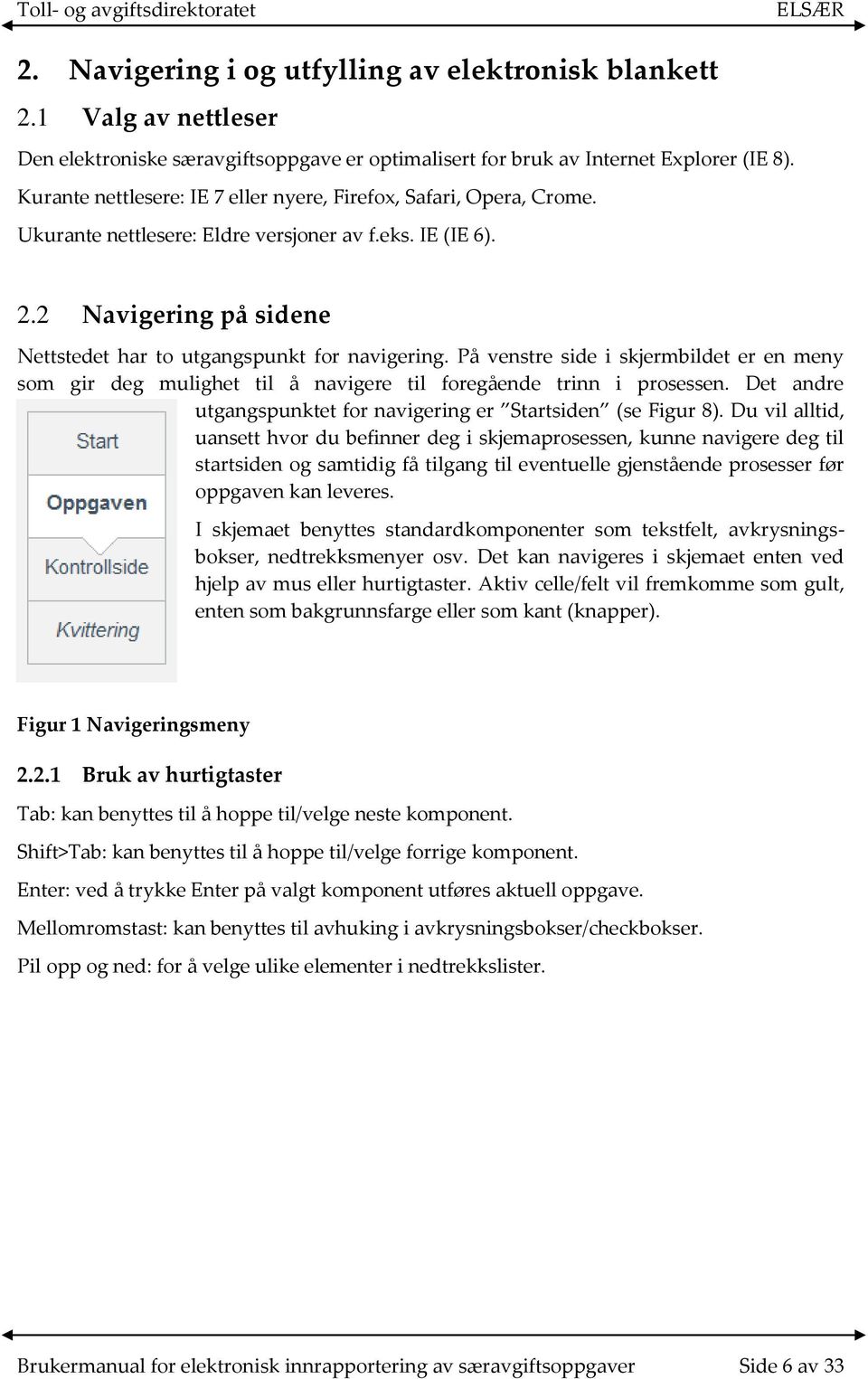 På venstre side i skjermbildet er en meny som gir deg mulighet til å navigere til foregående trinn i prosessen. Det andre utgangspunktet for navigering er Startsiden (se Figur 8).