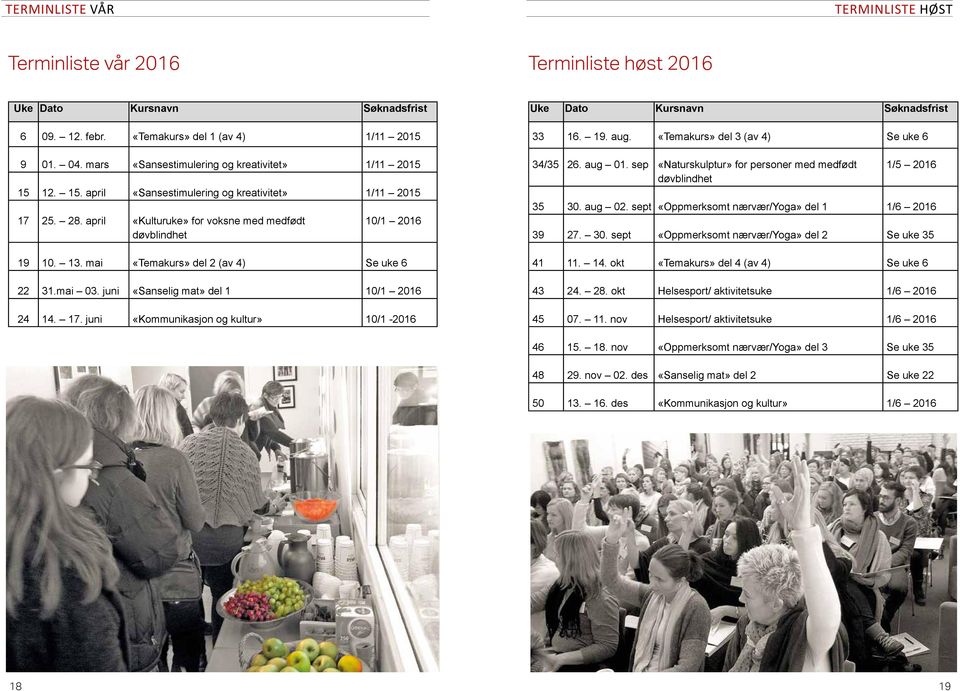 mai «Temakurs» del 2 (av 4) Se uke 6 22 31.mai 03. juni «Sanselig mat» del 1 10/1 2016 24 14. 17. juni «Kommunikasjon og kultur» 10/1-2016 Uke Dato Kursnavn Søknadsfrist 33 16. 19. aug.