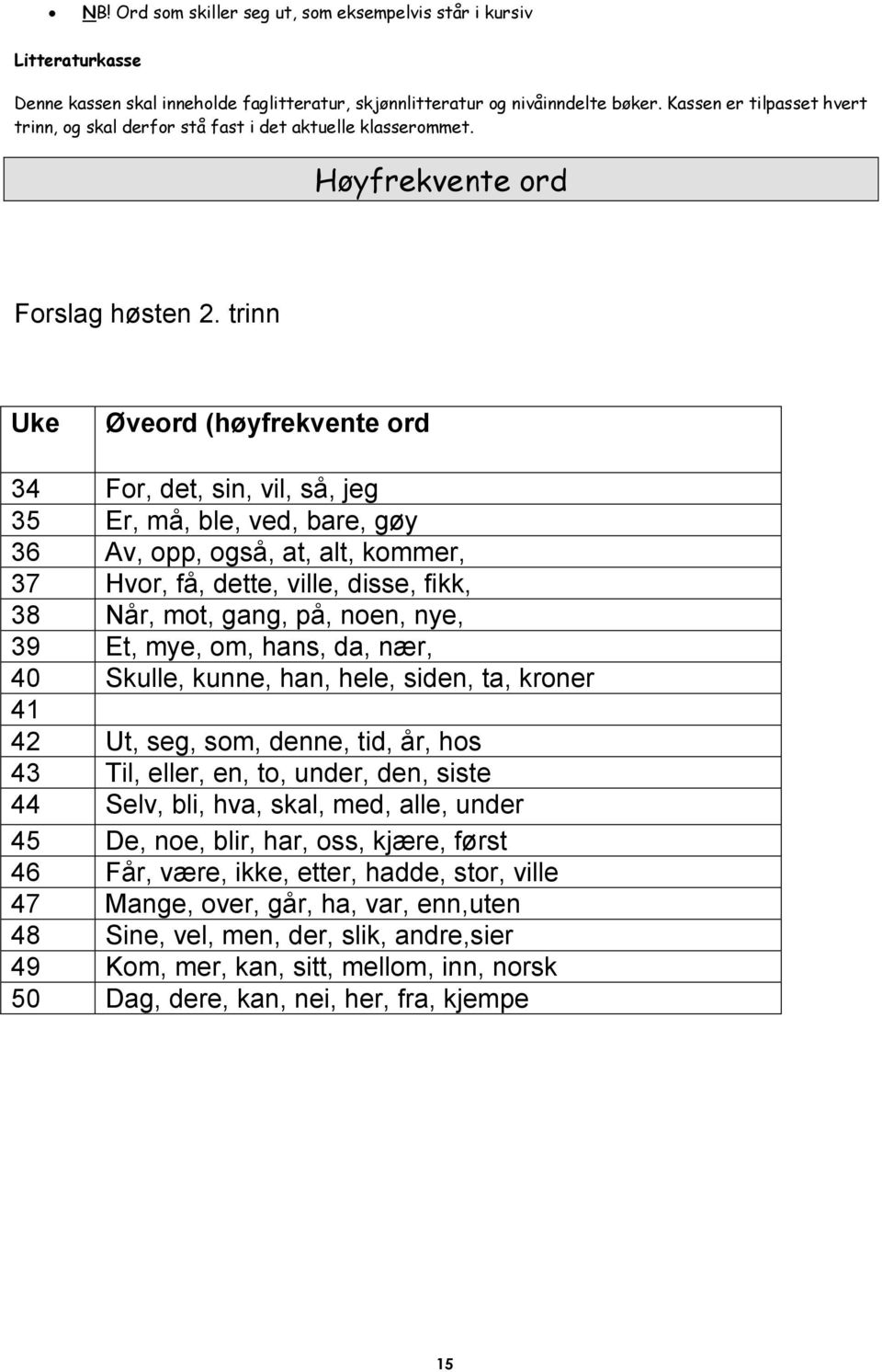 trinn Uke Øveord (høyfrekvente ord 34 For, det, sin, vil, så, jeg 35 Er, må, ble, ved, bare, gøy 36 Av, opp, også, at, alt, kommer, 37 Hvor, få, dette, ville, disse, fikk, 38 Når, mot, gang, på,