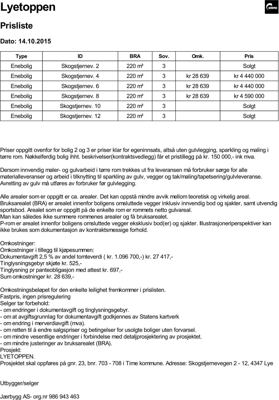 12 220 m² 3 Solgt Priser oppgitt ovenfor for bolig 2 og 3 er priser klar for egeninnsats, altså uten gulvlegging, sparkling og maling i tørre rom. Nøkkelferdig bolig ihht.