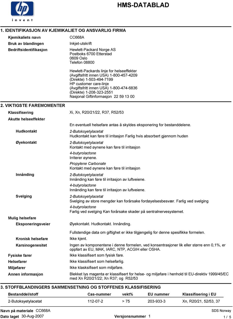 (Direkte) 1-503-494-7199 HP customer care-linje (Avgiftsfritt innen USA) 1-800-474-6836 (Direkte) 1-208-323-2551 Nasjonal Giftinformasjon 22 59 13 00 Klassifisering Xi, Xn, R20/21/22, R37, R52/53
