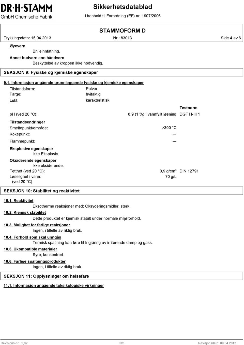 Tilstandsendringer Smeltepunkt/område: Kokepunkt: Flammepunkt: Eksplosive egenskaper ikke Eksplosiv. >300 C Oksiderende egenskaper ikke oksiderende.