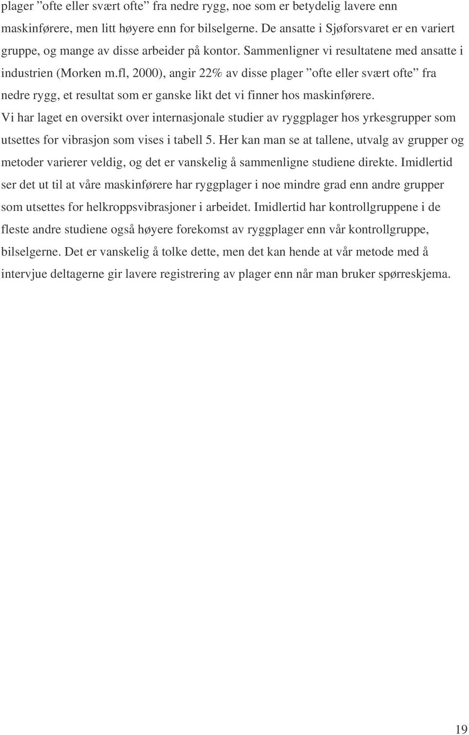 fl, 2000), angir 22% av disse plager ofte eller svært ofte fra nedre rygg, et resultat som er ganske likt det vi finner hos maskinførere.