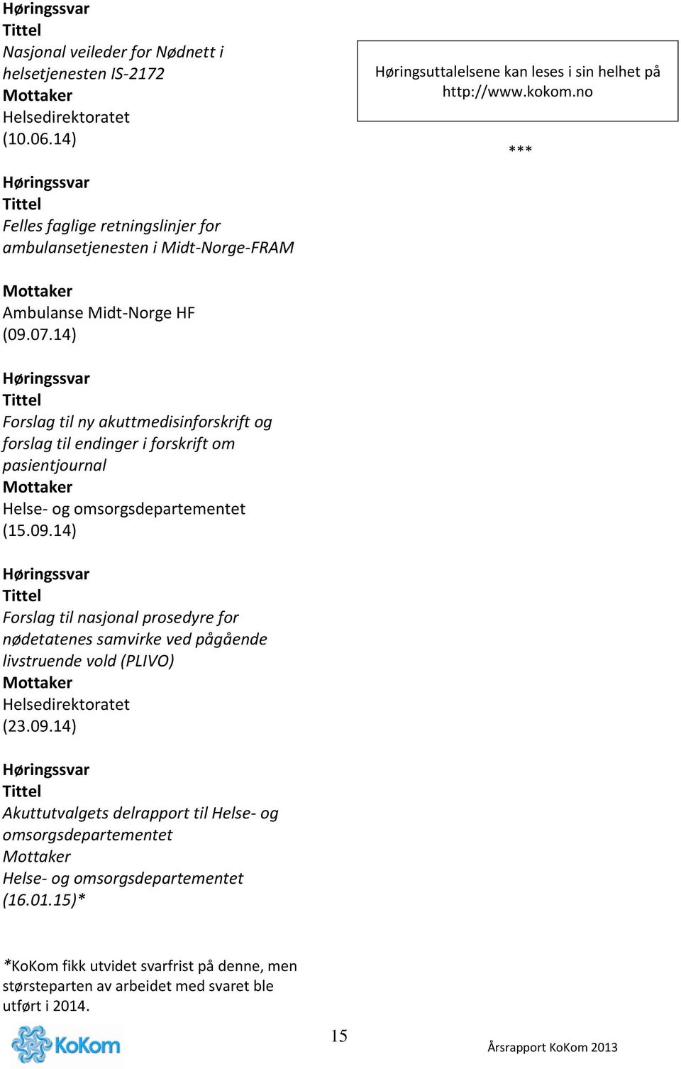 07.14) Høringssvar Tittel Forslag til ny akuttmedisinforskrift og forslag til endinger i forskrift om pasientjournal Mottaker Helse- og omsorgsdepartementet (15.09.