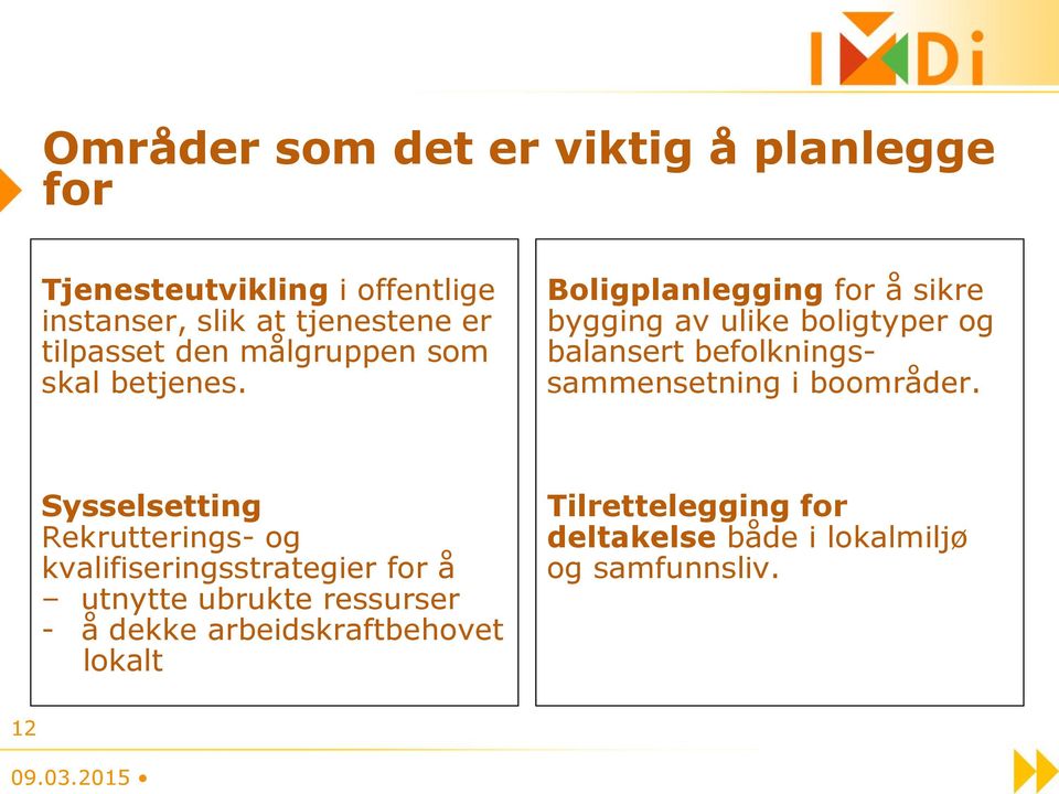 Boligplanlegging for å sikre bygging av ulike boligtyper og balansert befolkningssammensetning i boområder.