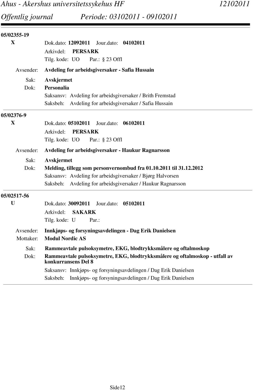 Dok.dato: 05102011 Jour.dato: 06102011 Avdeling for arbeidsgiversaker - Haukur Ragnarsson Melding, tillegg som personvernombud fra 01.10.2011 til 31.12.