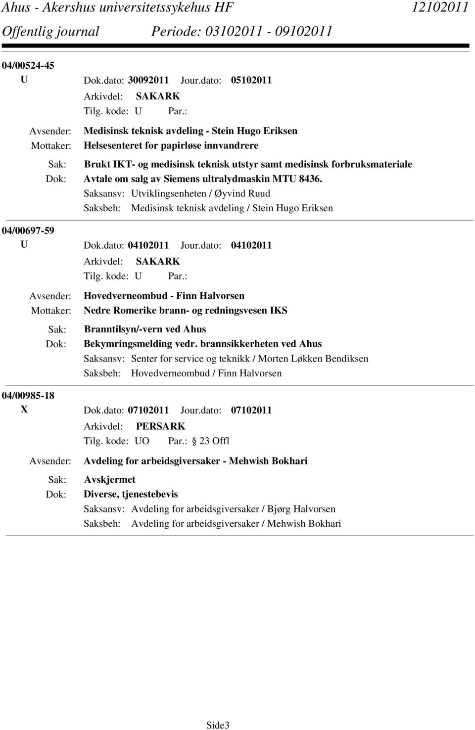 Siemens ultralydmaskin MTU 8436. Saksansv: Utviklingsenheten / Øyvind Ruud Saksbeh: Medisinsk teknisk avdeling / Stein Hugo Eriksen 04/00697-59 U Dok.dato: 04102011 Jour.