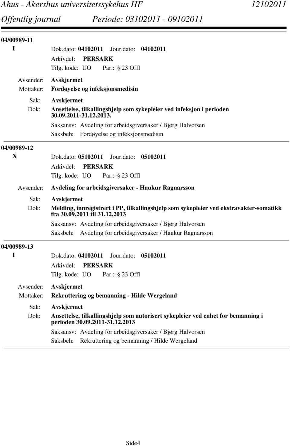 dato: 05102011 Avdeling for arbeidsgiversaker - Haukur Ragnarsson Melding, innregistrert i PP, tilkallingshjelp som sykepleier ved ekstravakter-somatikk fra 30.09.2011 til 31.12.