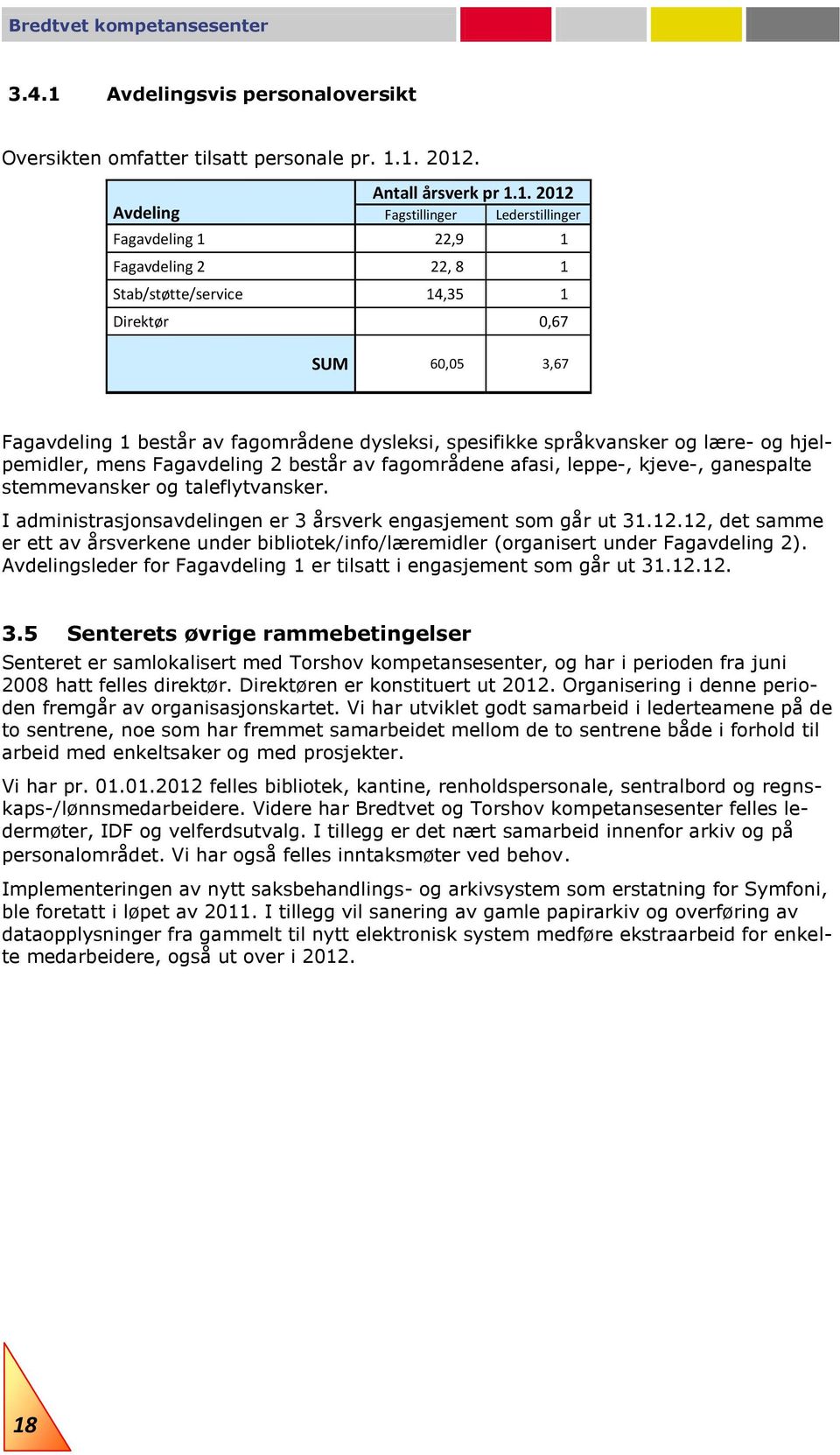 1. 2012. Avdeling Antall årsverk pr 1.1. 2012 Fagstillinger Lederstillinger Fagavdeling 1 22,9 1 Fagavdeling 2 22, 8 1 Stab/støtte/service 14,35 1 Direktør 0,67 SUM 60,05 3,67 Fagavdeling 1 består av