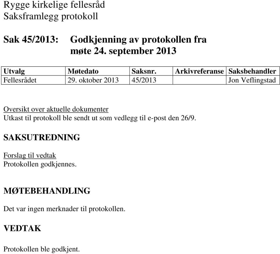 oktober 2013 45/2013 Jon Veflingstad Utkast til protokoll ble sendt ut som