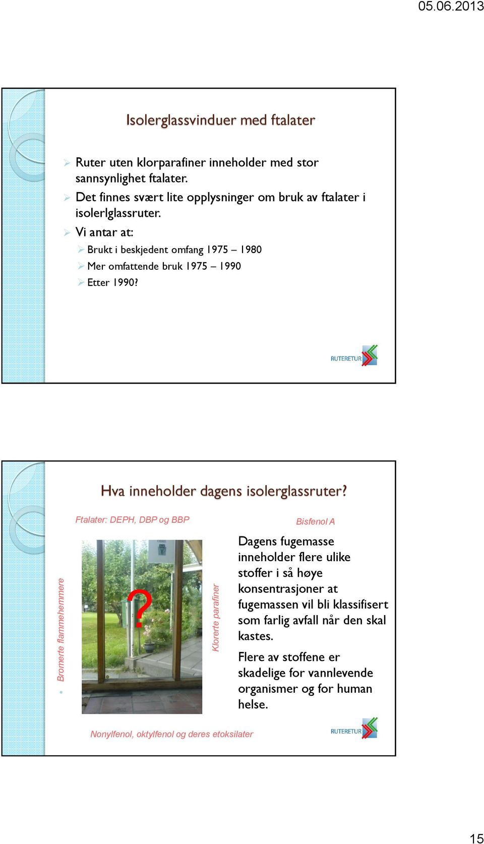 Hva inneholder dagens isolerglassruter? Ftalater: DEPH, DBP og BBP Bisfenol A Bromerte flammehemmere?