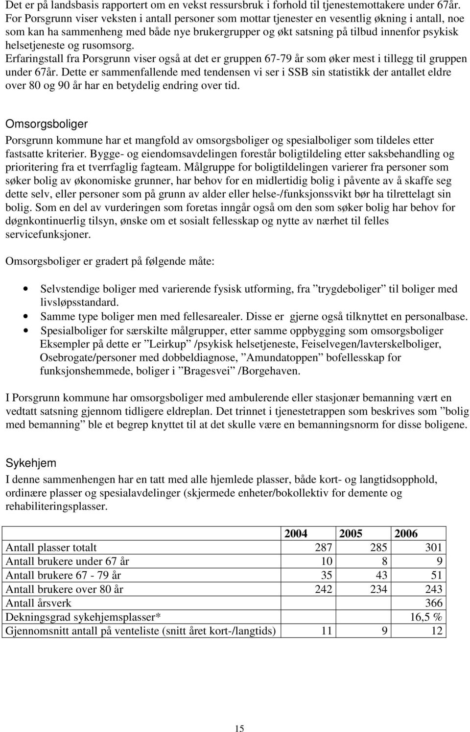 helsetjeneste og rusomsorg. Erfaringstall fra Porsgrunn viser også at det er gruppen 67-79 år som øker mest i tillegg til gruppen under 67år.