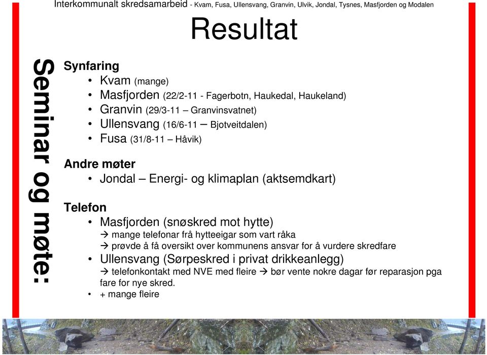 mot hytte) mange telefonar frå hytteeigar som vart råka prøvde å få oversikt over kommunens ansvar for å vurdere skredfare Ullensvang