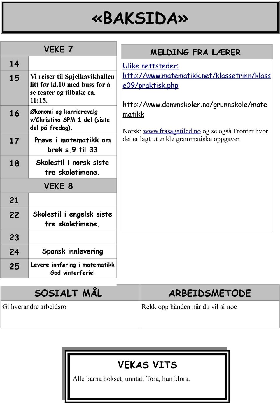 23 24 Spansk innlevering MELDING FRA LÆRER Ulike nettsteder: http://www.matematikk.net/klassetrinn/klass e09/praktisk.php http://www.dammskolen.no/grunnskole/mate matikk Norsk: www.frasagatilcd.