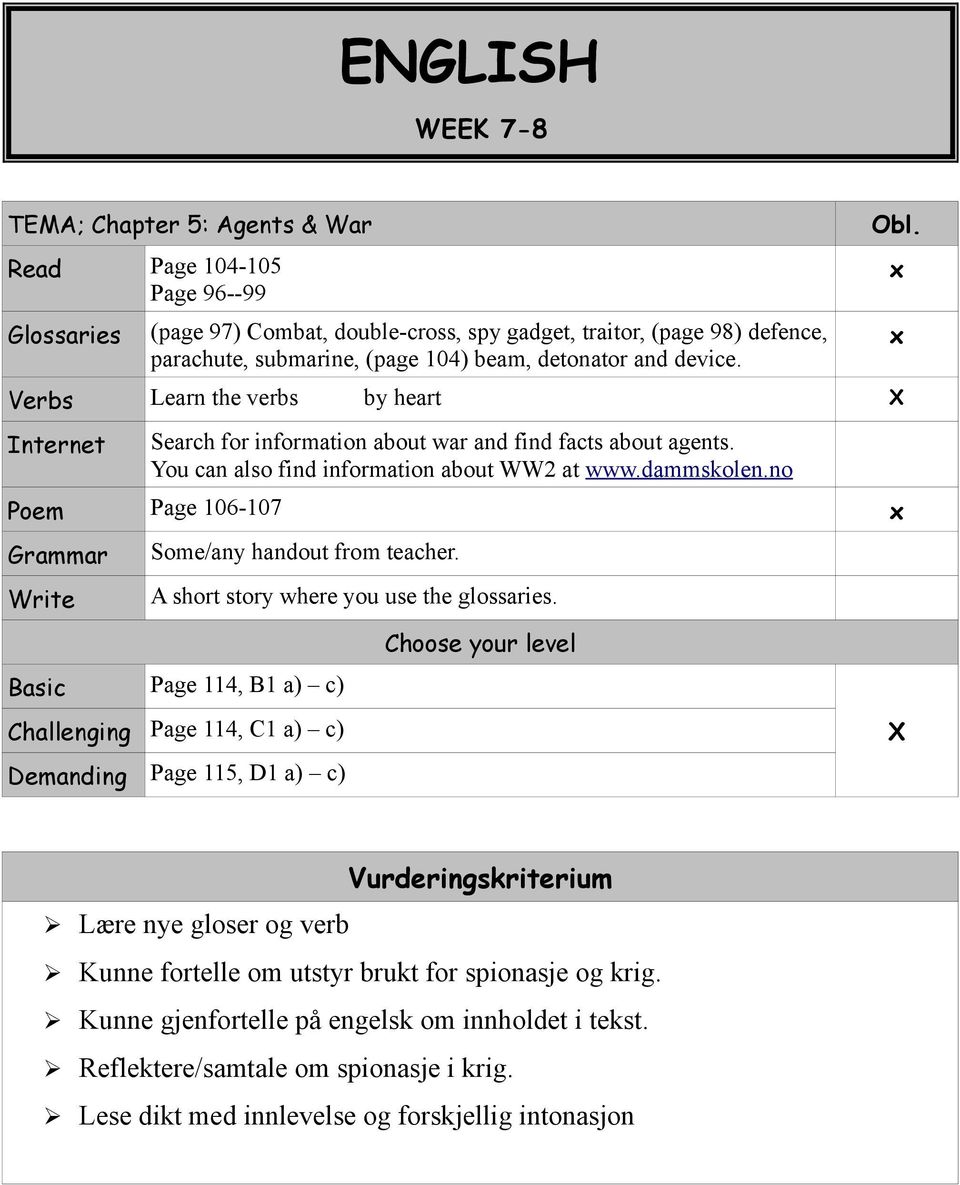 no Poem Page 106-107 Grammar Write Some/any handout from teacher. A short story where you use the glossaries.