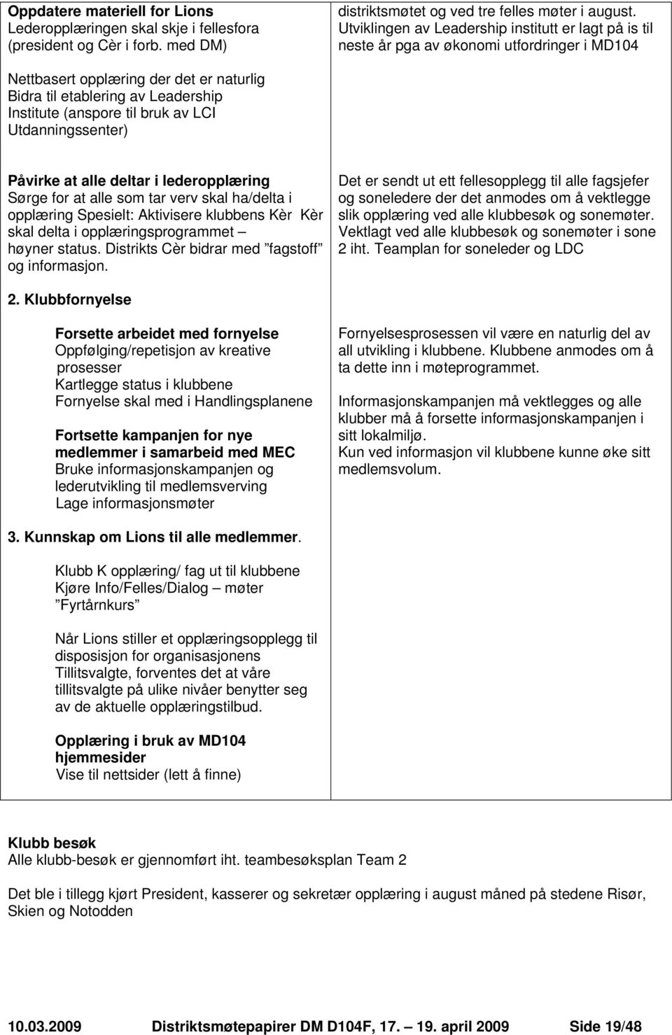 bruk av LCI Utdanningssenter) Påvirke at alle deltar i lederopplæring Sørge for at alle som tar verv skal ha/delta i opplæring Spesielt: Aktivisere klubbens Kèr Kèr skal delta i opplæringsprogrammet