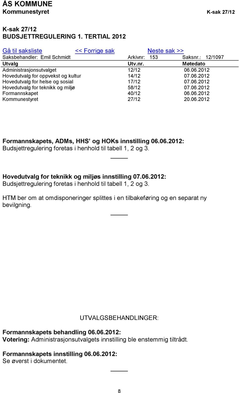 06.2012 Kommunestyret 27/12 20.06.2012 Formannskapets, ADMs, HHS og HOKs innstilling 06.06.2012: Budsjettregulering foretas i henhold til tabell 1, 2 og 3.