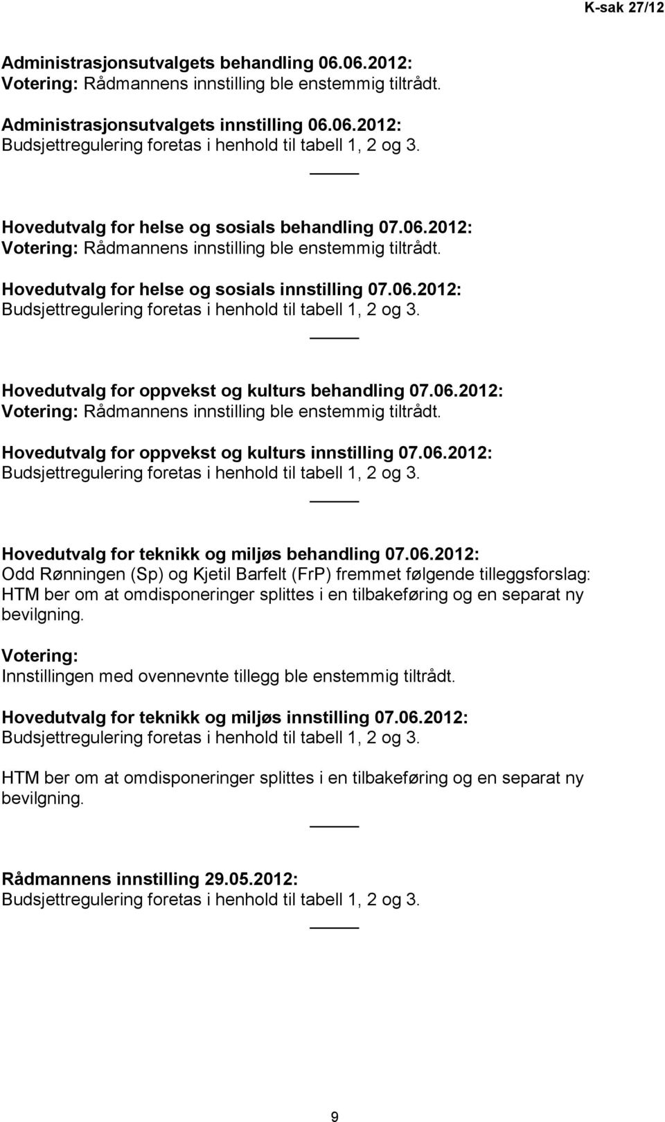 Hovedutvalg for oppvekst og kulturs behandling 07.06.2012: Votering: Rådmannens innstilling ble enstemmig tiltrådt. Hovedutvalg for oppvekst og kulturs innstilling 07.06.2012: Budsjettregulering foretas i henhold til tabell 1, 2 og 3.