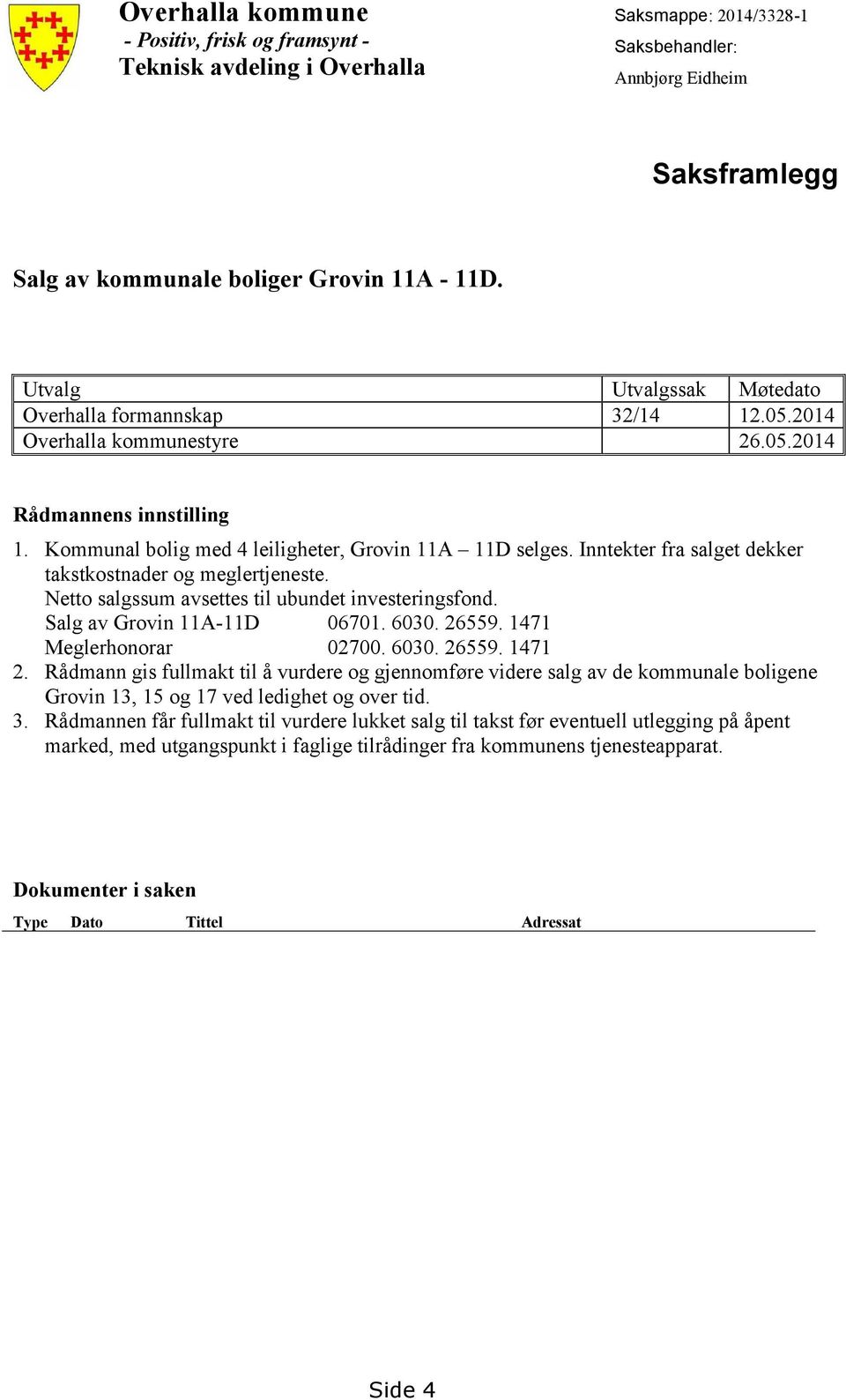 Inntekter fra salget dekker takstkostnader og meglertjeneste. Netto salgssum avsettes til ubundet investeringsfond. Salg av Grovin 11A-11D 06701. 6030. 26559. 1471 Meglerhonorar 02700. 6030. 26559. 1471 2.