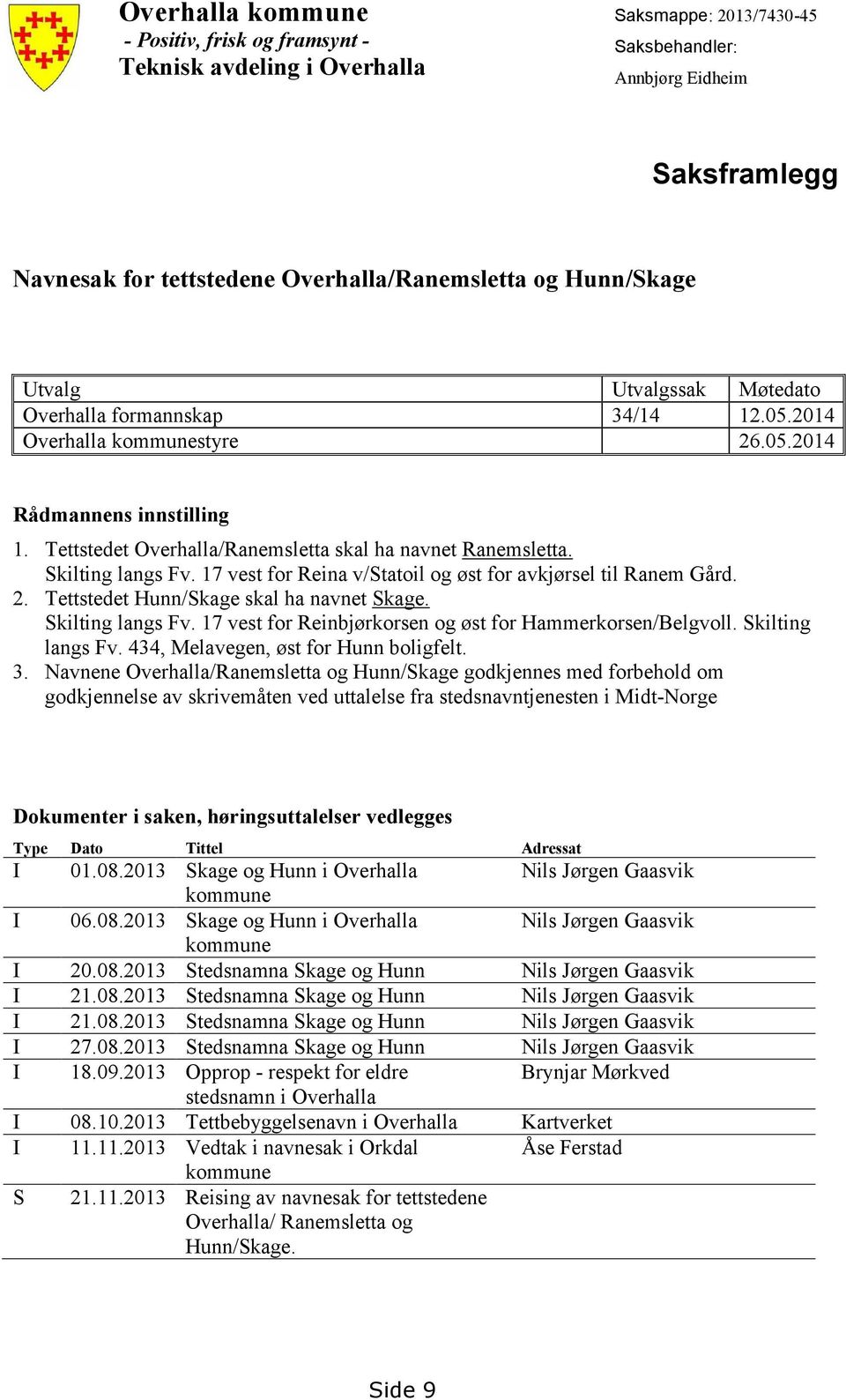 Skilting langs Fv. 17 vest for Reina v/statoil og øst for avkjørsel til Ranem Gård. 2. Tettstedet Hunn/Skage skal ha navnet Skage. Skilting langs Fv.