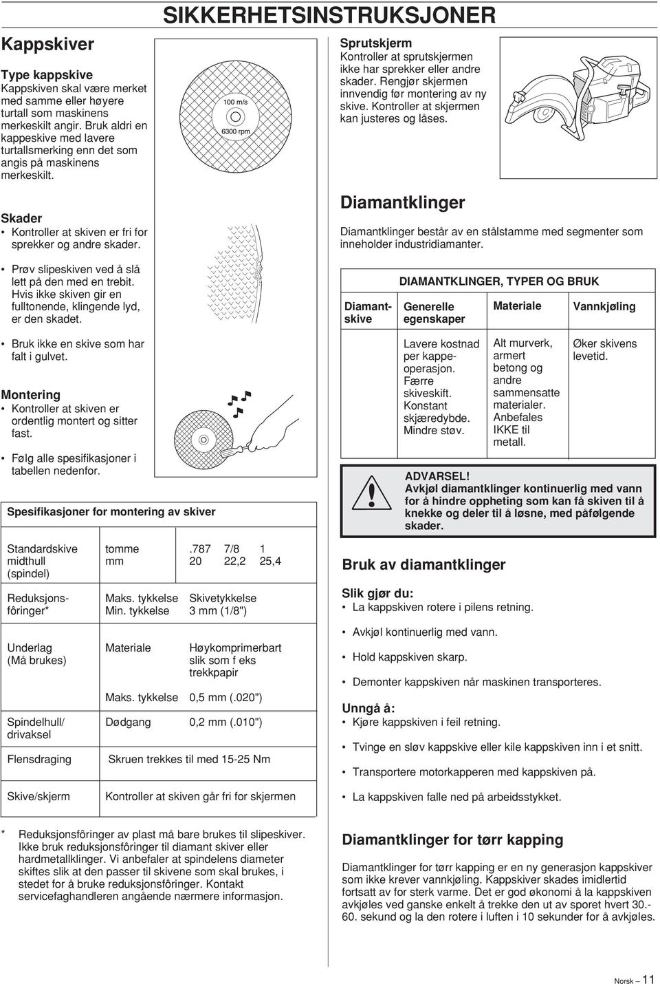 SIKKERHETSINSTRUKSJONER Sprutskjerm Kontroller at sprutskjermen ikke har sprekker eller andre skader. Rengjør skjermen innvendig før montering av ny skive.